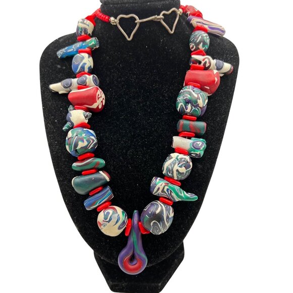 Jewelry - Vintage Handmade Polymer Clay Necklace Sterling Silver Clasp 24" Red Blue Art